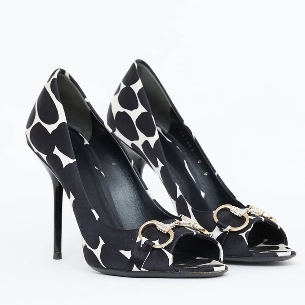 Gucci Satin Horsebit Crystal Polka Dot Open Toe Heels 9